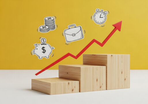 Financial growth graph with arrow pointing up, over wooden steps, surrounded by icons of piggy bank coins briefcase and alarm clock, concept of success.