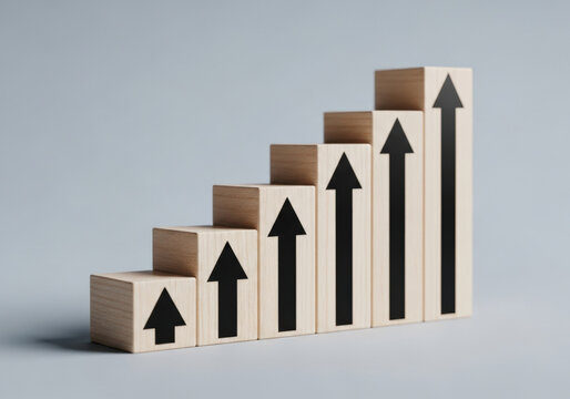 Five wooden blocks arranged in staircase shape with black arrows pointing upwards indicating continuous growth progress success and business improvement.