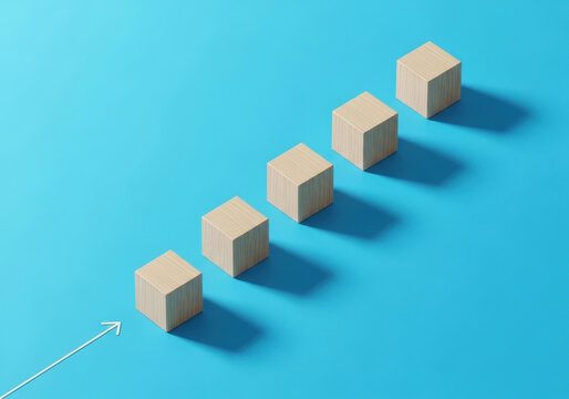 Five wooden cubes arranged in a rising diagonal line on a bright blue background with a white arrow pointing upwards.