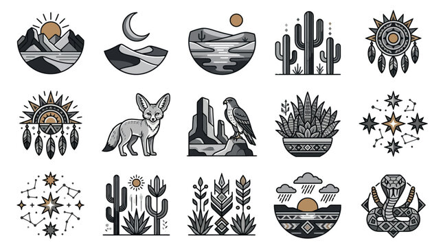 Black and white desert landscape icons.