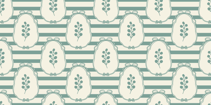 Vintage seamless pattern featuring elegant botanical sprigs inside decorative frames over soft green horizontal stripes