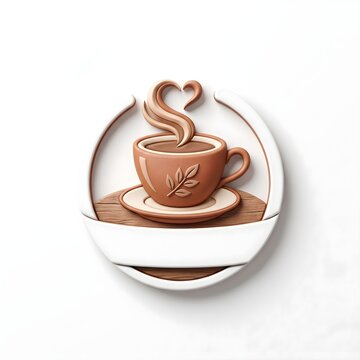 Modern 3D Cafe Logo with Coffee Cup on Wood Base and Blank Text Banner