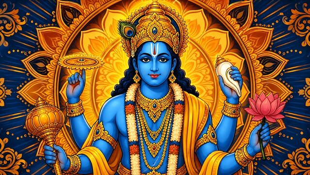 Lord Vishnu in Cosmic Radiance: An exquisite depiction of Lord Vishnu, the preserver, adorned in golden regalia, holding celestial symbols and radiating divine energy within a vibrant mandala.