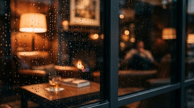 Raindrops on a windowpane overlooking a cozy warmly lit interior with a blurred figure relaxing a glowing lamp and a drink on a table evoking a sense of shelter with captures raindrops window