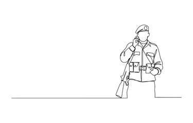 Obraz premium Continuous line drawing of a soldier standing with a rifle and talking on a radio