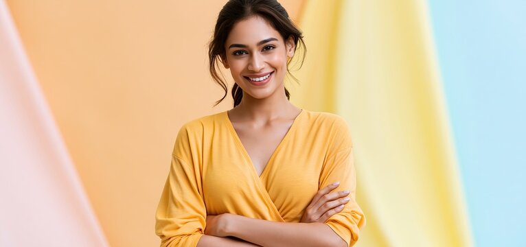 Expectant Indian woman in a stylish casual top smiling warmly against a gentle pastel background, radiating joyful maternity vibes.