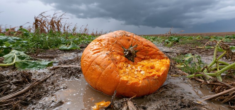 A smashed orange pumpkin lies in a rain-soaked field beneath stormy skies, highlighting agricultural damage.
