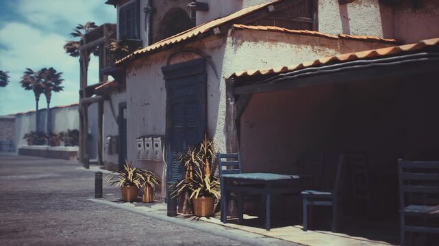 moody coastal alleyway at dusk textured stucco facades, palm silhouettes, worn shutters, utility meters, cobblestone gutter, low light cinematic shadows