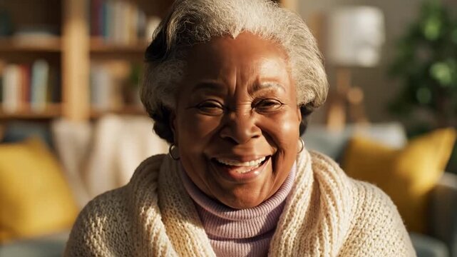 Happy elderly Black woman smiling indoors in warm light