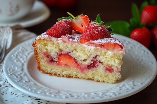 Fresh Strawberry Cake Slice with Powdered Sugar.