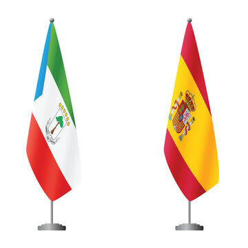 Equatorial Guinea and Spain flags on flagpoles for official ceremonies and meetings, transparent background vector