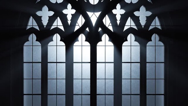 ゴシック様式の教会の窓から神聖な光線が差し込む厳かな大聖堂の背景動画