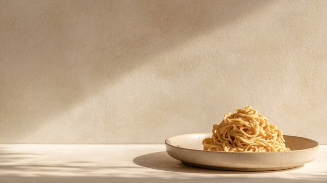 A minimalist composition of a plate of pasta placed on a neutral background with soft shadows