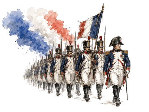 Soldiers marching in a happy Bastille Day parade on 14 July in France with graphic resources
