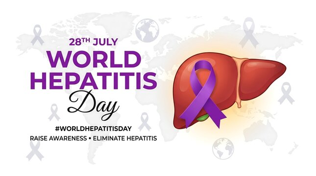 World hepatitis day awareness poster with liver and purple ribbon