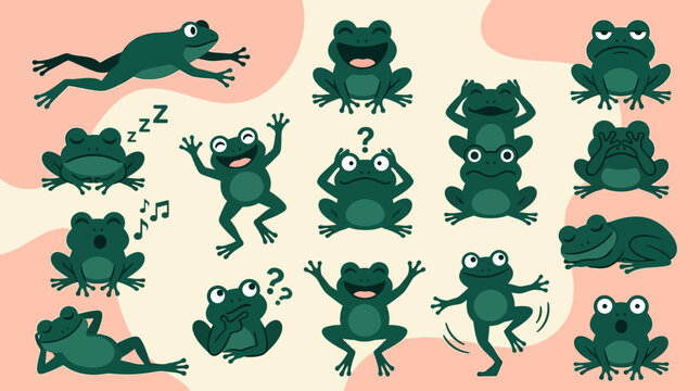 Cute Cartoon Frog Character Set with Diverse Emotions and Poses