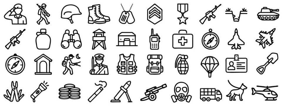 Military line icons set, army vector outline symbols, war and defense graphic elements for UI design, soldier equipment icons