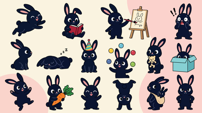 Cute Black Rabbit Character Sticker Set with Various Emotions and Activities
