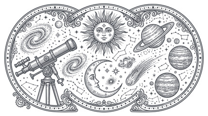 Vintage Telescope, Sun, Moon, Planets and Galaxies Illustration © onad