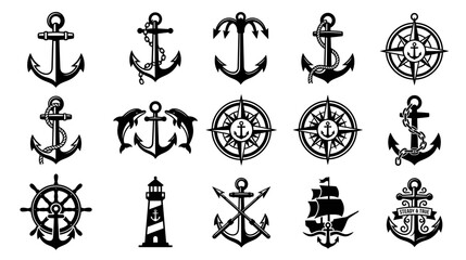 Nautical Icons Set: Anchors, Compass, Ship, Lighthouse, Wheel, Dolphins © Joyo