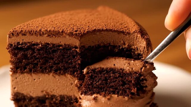 Delicious Chocolate Cake Slice Being Eaten with a Spoon, Close-up View of Dessert.