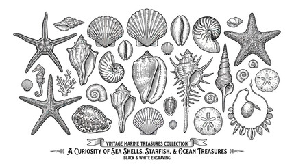 Vintage Marine Treasures Collection: Seashells, Starfish, Ocean Life Engraving © onad