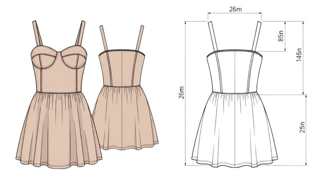 Detailed 2D Vector Illustration of a Designer Dress with Measurements