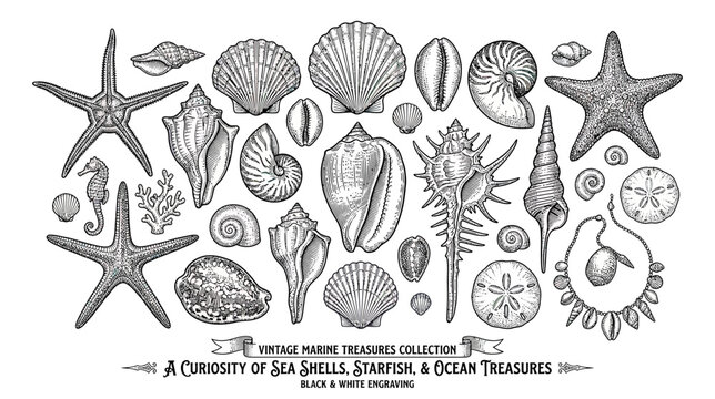Vintage Marine Treasures Collection: Seashells, Starfish, Ocean Life Engraving