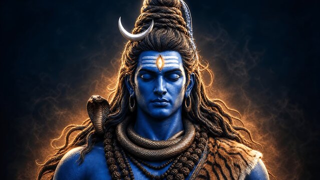 Lord Shiva: The Destroyer and Transformer: A powerful depiction of Lord Shiva, the Hindu deity of destruction and transformation, adorned with his iconic third eye, crescent moon, serpent.