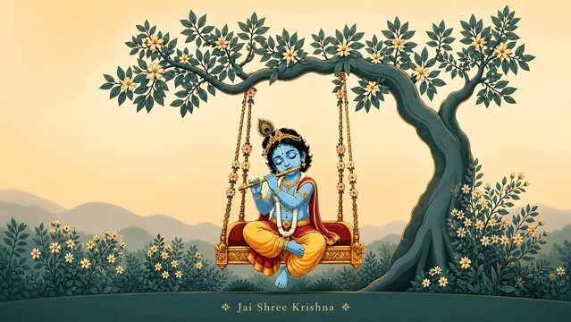 Krishna Swinging on a Tree Swing: A divine depiction of young Krishna, adorned in traditional attire and playing his flute, serenely swings beneath a flourishing tree.