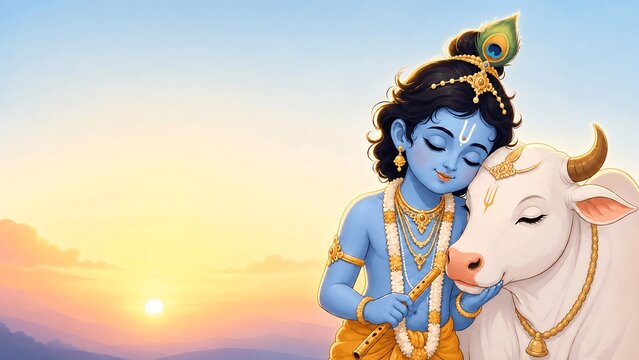 A serene depiction of Lord Krishna, with his signature blue skin and peacock feather, tenderly embracing a gentle cow under a warm, sunrise sky, symbolizing purity and devotion.