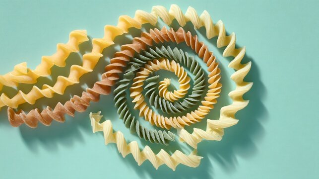 A vibrant flat lay of pasta arranged in a spiral pattern on a pastel green background