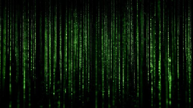 Rain of green binary code matrix on black background. Digital data stream with falling particles. Abstract cyber signal for computer technology communication concept.