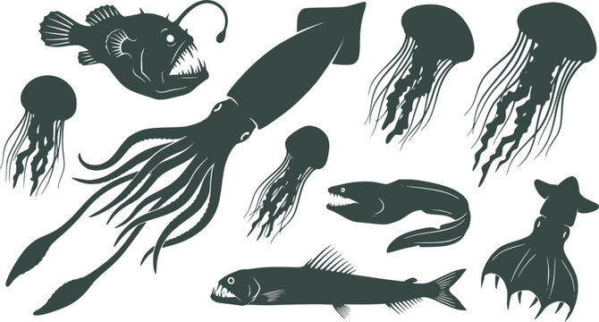 Deep Sea Marine Life Silhouette Pack Anglerfish Squid Jellyfish Ocean Vector Icons