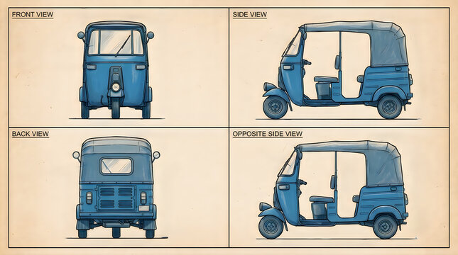 Blue auto rickshaw tuk tuk orthographic views illustration