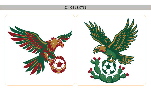Eagle Mascot Vectors Holding Soccer Ball with Mexican Cactus and Patriotic Colors