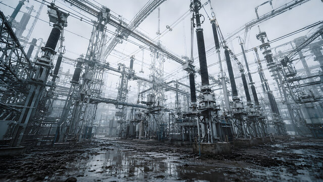 High Voltage Substation Equipment in Dense Fog &ndash; Electrical Grid Infrastructure with Insulators and Steel Framework