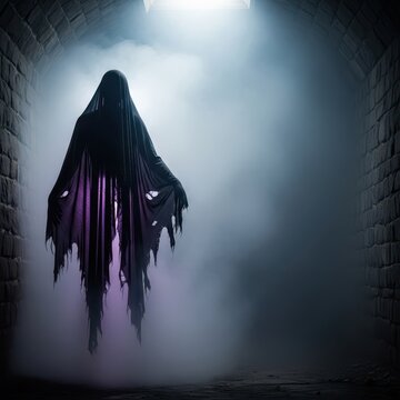 An eerie black phantom figure draped in dark tattered fabric floats within a thick grey mist inside a cold and abandoned stone corridor, occult, monochrome, tattered