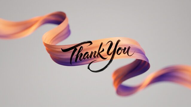 Elegant thank you calligraphy script on an abstract orange and purple ribbon wave expressing gratitude.