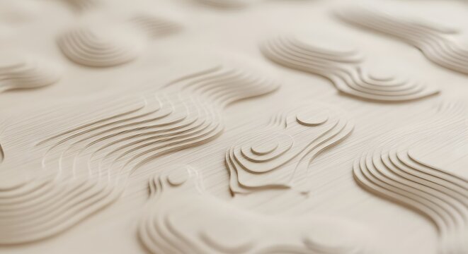 Abstract 3D topographic map background with elegant layered beige curves and smooth macro depth of field.
