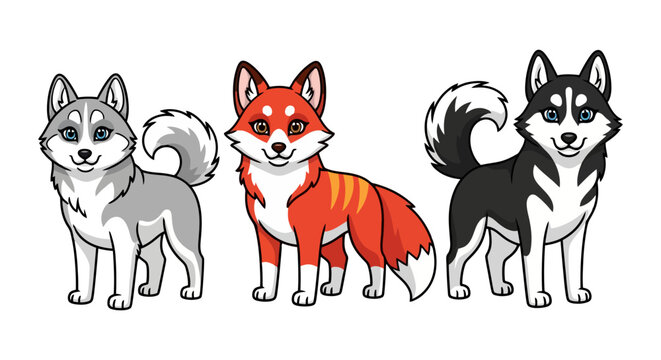 Cute Cartoon Dogs Set Featuring Husky, Fox, and Alaskan Malamute Characters.
