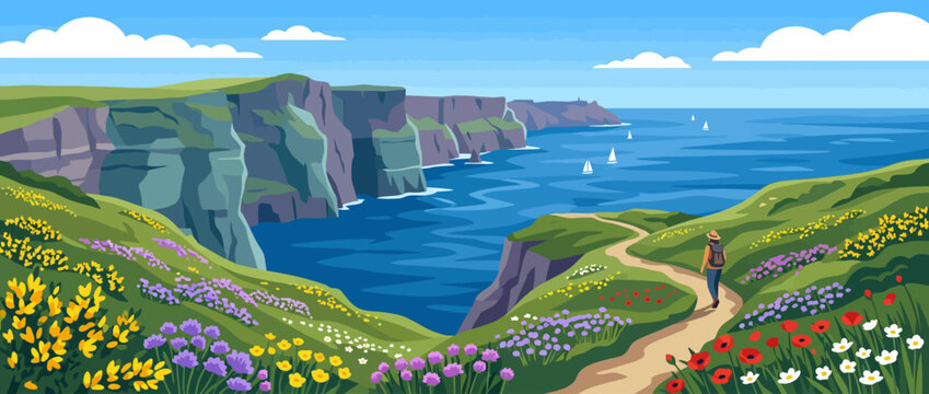 Digital illustration of a person walking along the scenic Cliffs of Moher in Ireland.