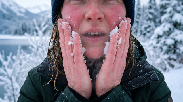 Close up of a woman rubbing cold fresh winter snow onto her red flushed cheeks and face to soothe sunburn or windburn in a snowy mountain forest landscape near a lake