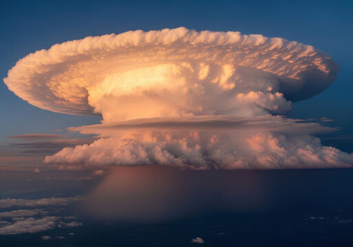 Towering cumulonimbus thundercloud mushroom cloud shape forming in atmosphere during sunset with vibrant colors and dramatic sky.