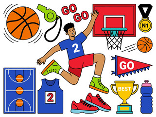 Basketball Sport Vector Elements Set with Player, Hoop, and Equipment Icons © Purwanto