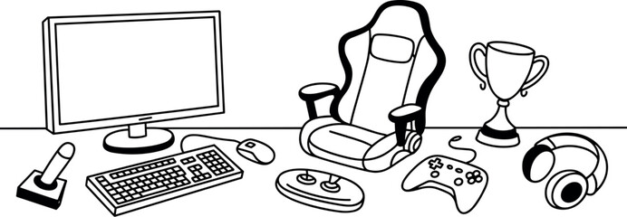 Digital gaming setup including a computer monitor keyboard mouse joystick and gaming chair for entertainment © Sourav Sou