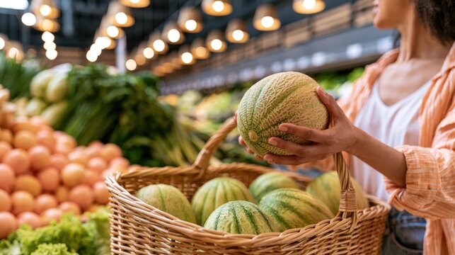 Woman selecting a ripe cantaloupe from a basket at a grocery store produce section
