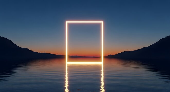 Glowing square neon light frame floating above calm dark water with mountain silhouettes at sunset horizon for a peaceful and futuristic abstract background scene in a wide landscape view