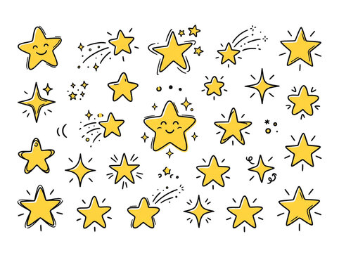 Vibrant hand drawn cartoon stars collection featuring various bright colors and diverse playful shapes arranged in a whimsical cluster style illustration isolated for creative design projects presente