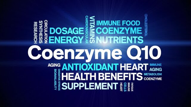 Coenzyme Q10 animated word cloud-CoQ10 text design animation tag kinetic typography seamless loop.